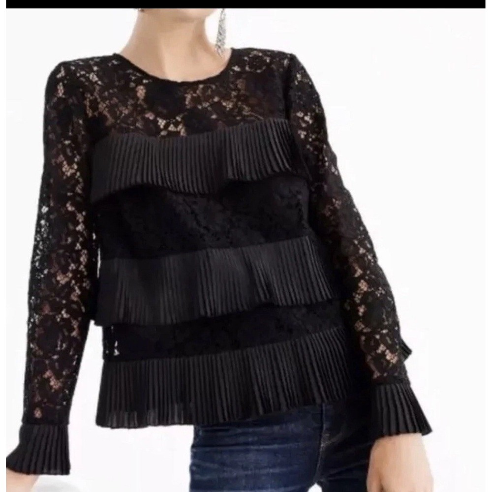 J. Crew Pleated Lace Top Style H3099 Black Feminine Edgy‎ Tiered Whimsigoth 8P